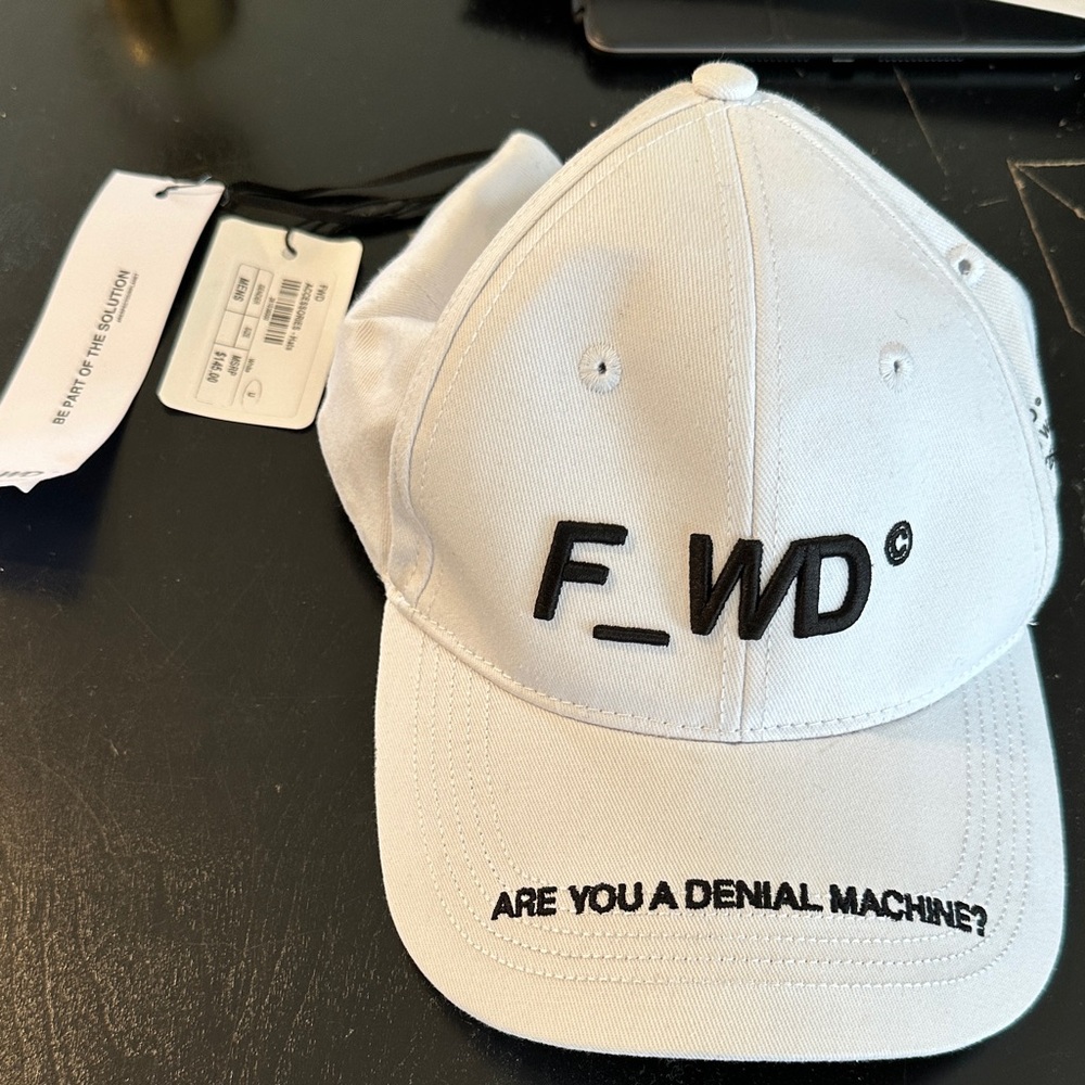 F_WD White Logo Baseball Cap with Embroidered Slogan